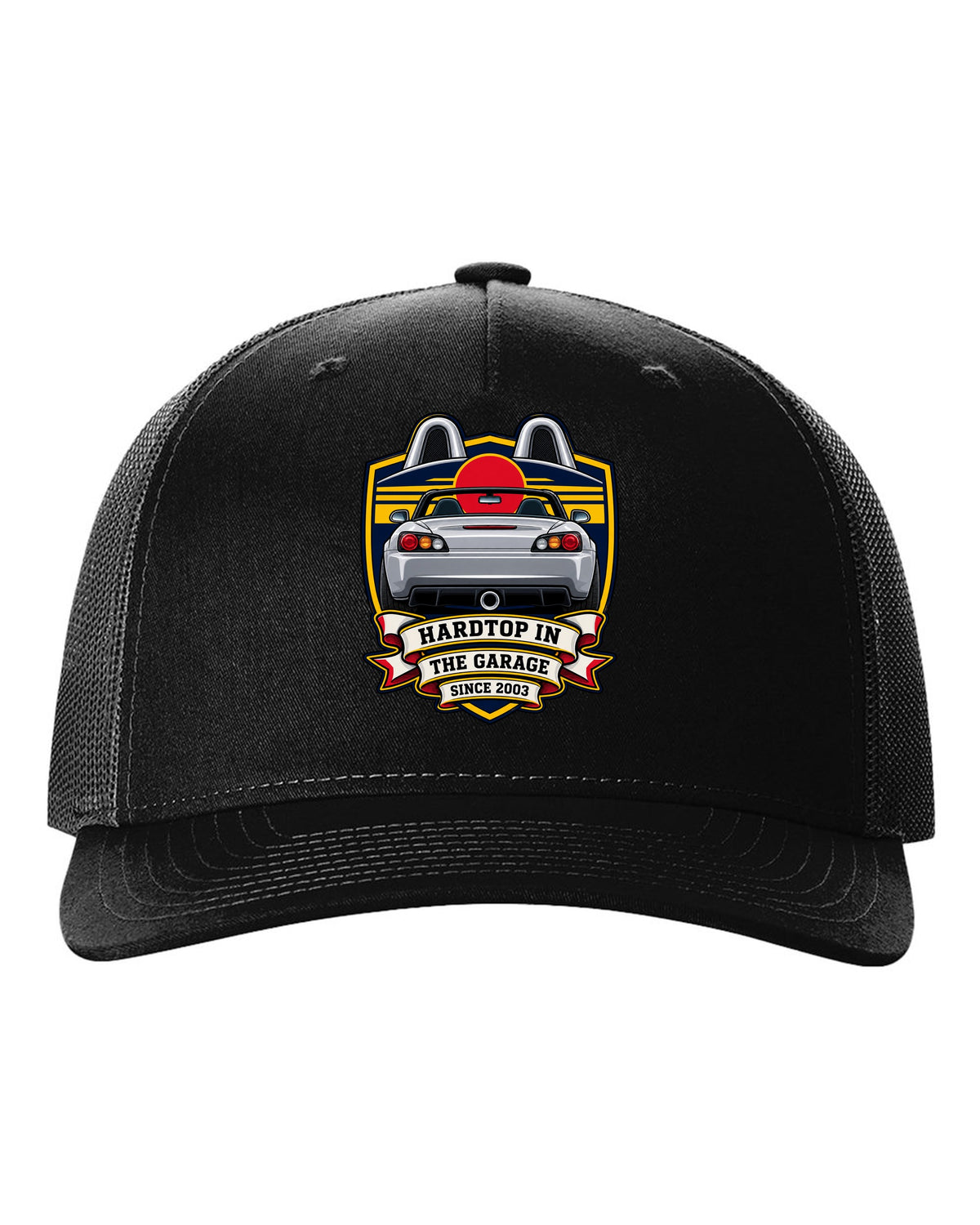 Embroidery patch style print of a 1999 Honda S2000 AP1 roadster with hardtop in the garage text black hat front view with the design