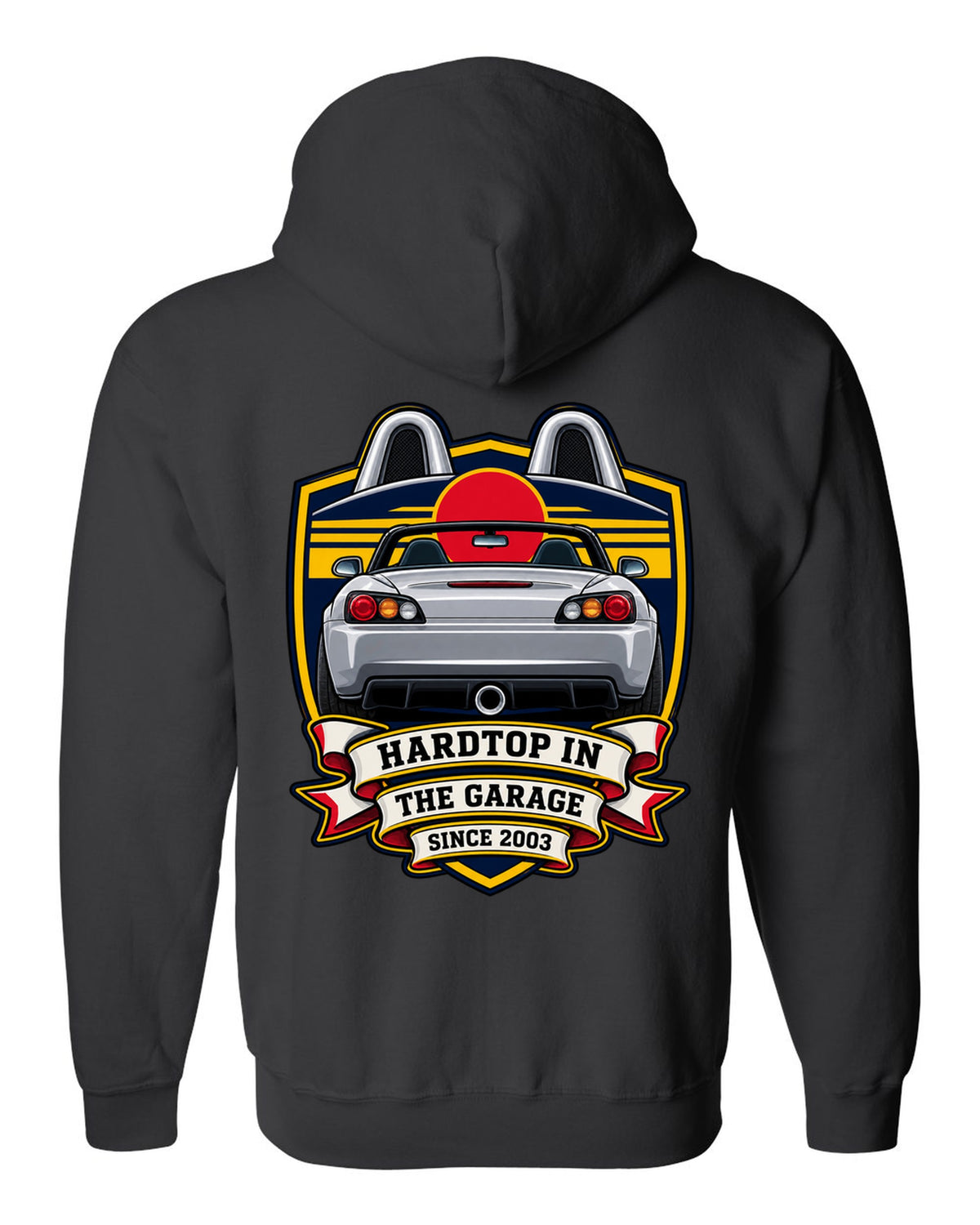 Embroidery patch style print of a 1999 Honda S2000 AP1 roadster with hardtop in the garage text black zip hoodie back view with the design