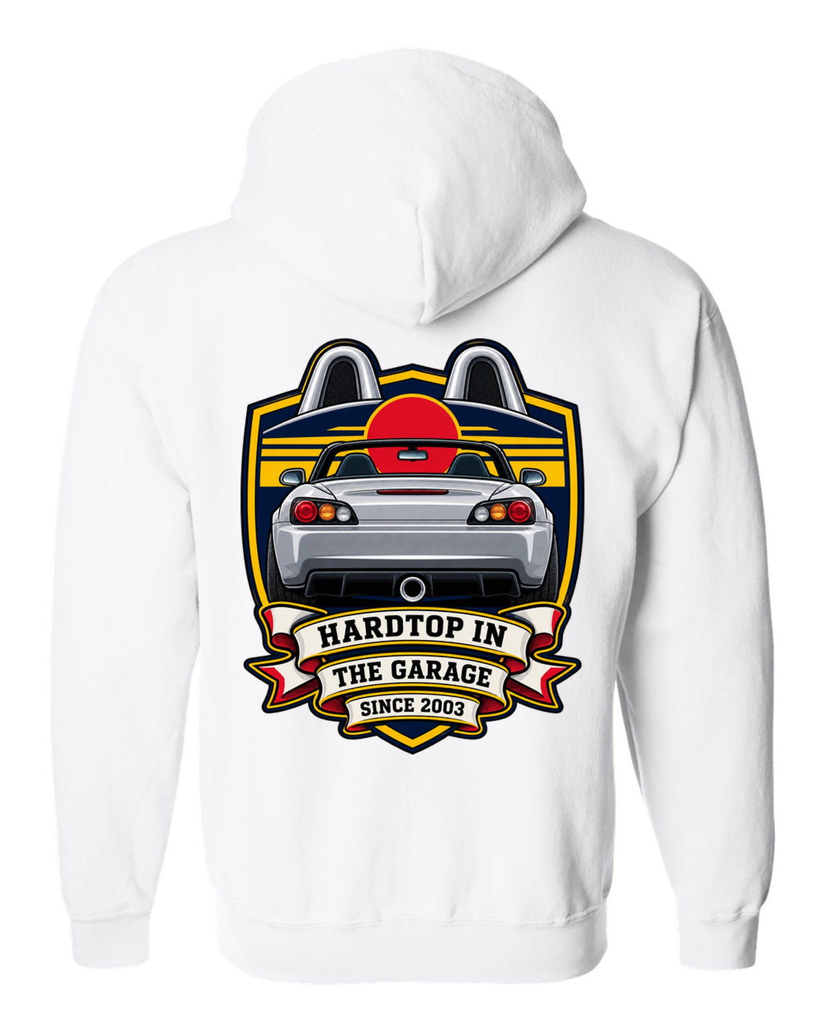 Embroidery patch style print of a 1999 Honda S2000 AP1 roadster with hardtop in the garage text white zip hoodie back view with the design