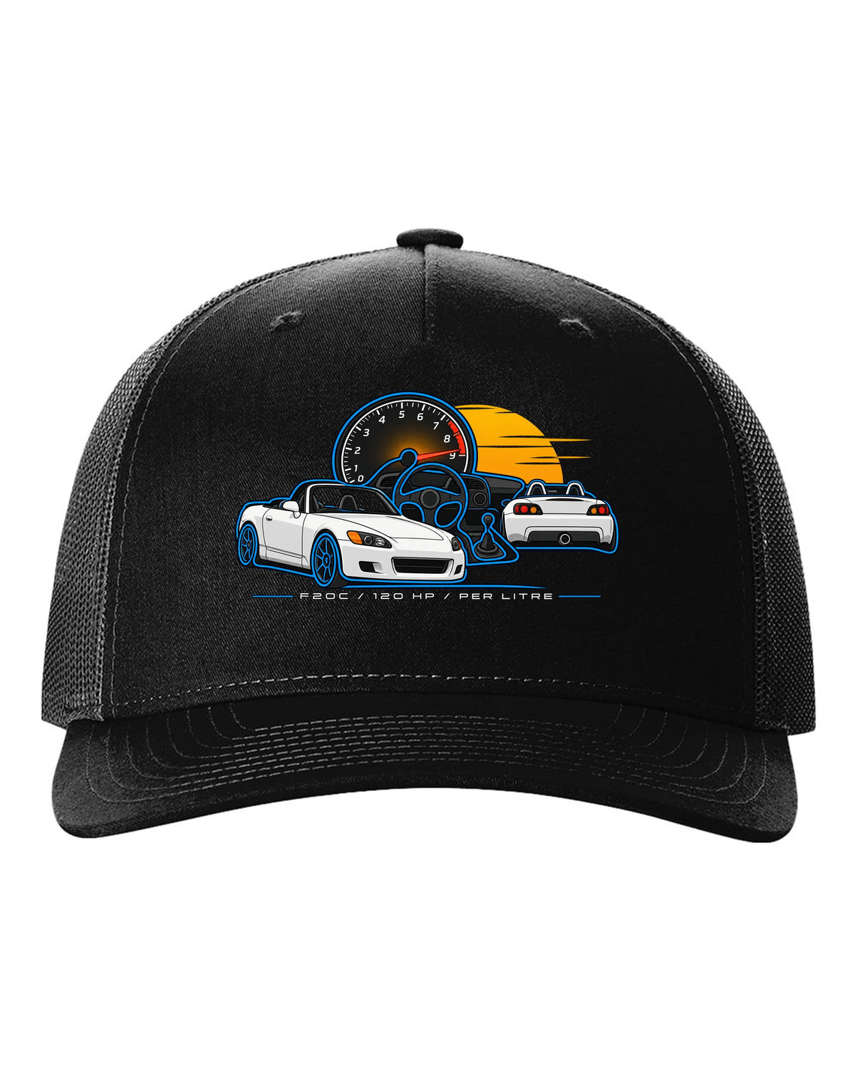 Minimal single-line contour print of a 1999 Honda S2000 AP1 with F20C 120 HP Per Litre lettering black hat front view with the design
