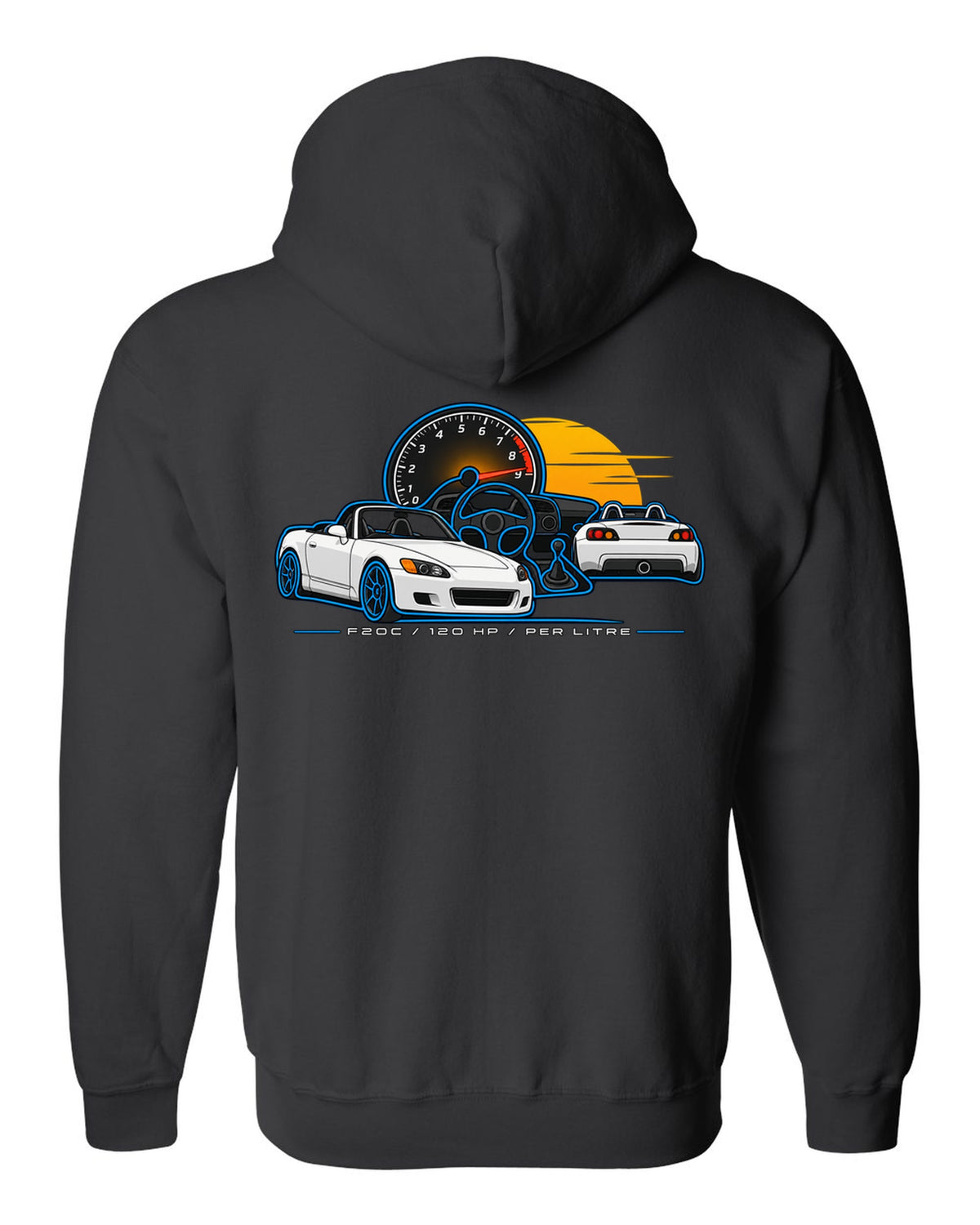 Minimal single-line contour print of a 1999 Honda S2000 AP1 with F20C 120 HP Per Litre lettering black zip hoodie back view with the design