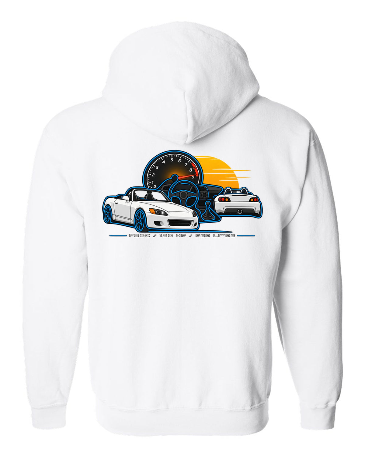 Minimal single-line contour print of a 1999 Honda S2000 AP1 with F20C 120 HP Per Litre lettering white zip hoodie back view with the design