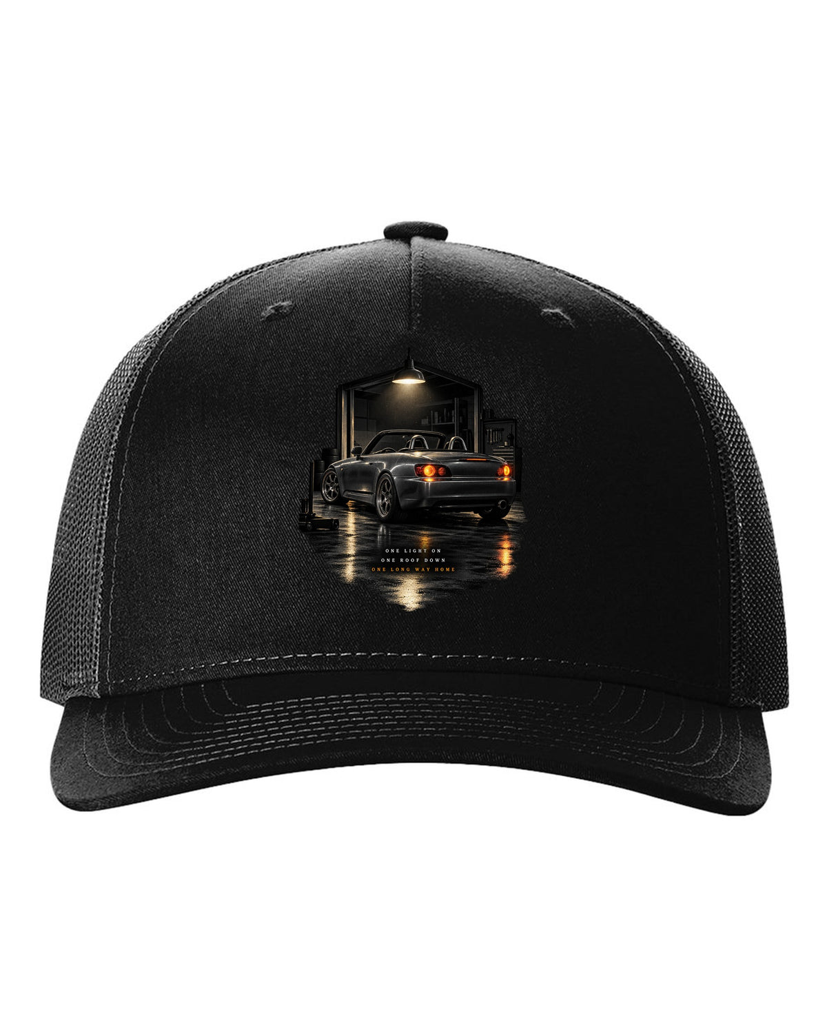 Honda S2000 AP1 roadster garage night design with roof down long way home text black hat front view with the design