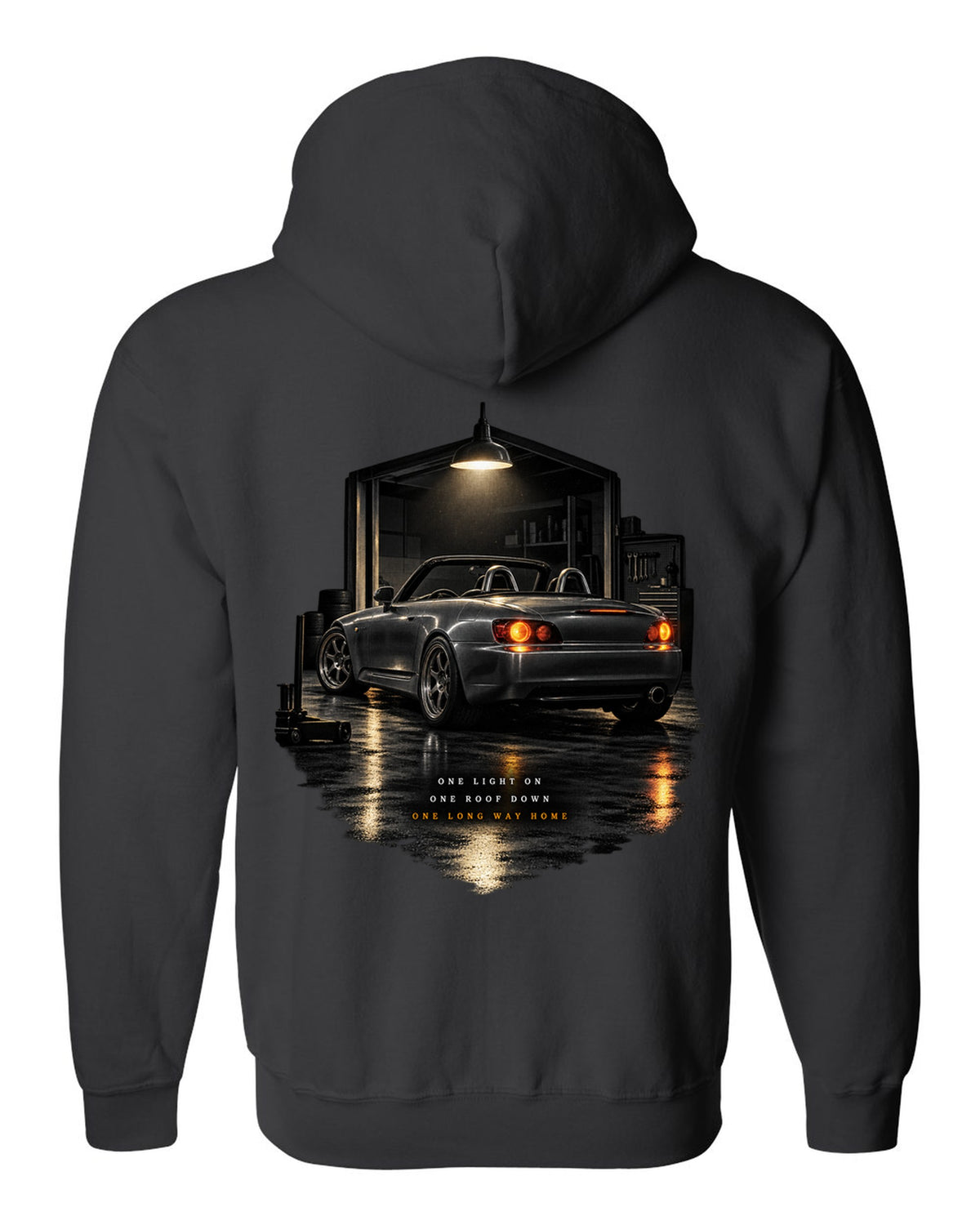 Honda S2000 AP1 roadster garage night design with roof down long way home text black zip hoodie back view with the design
