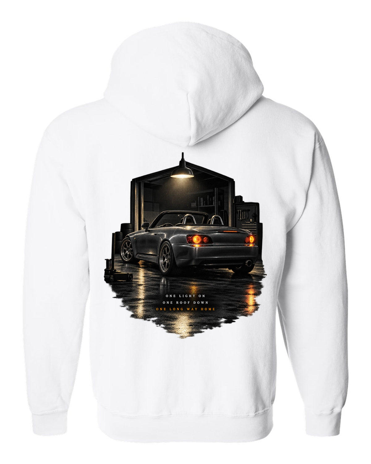 Honda S2000 AP1 roadster garage night design with roof down long way home text white zip hoodie back view with the design
