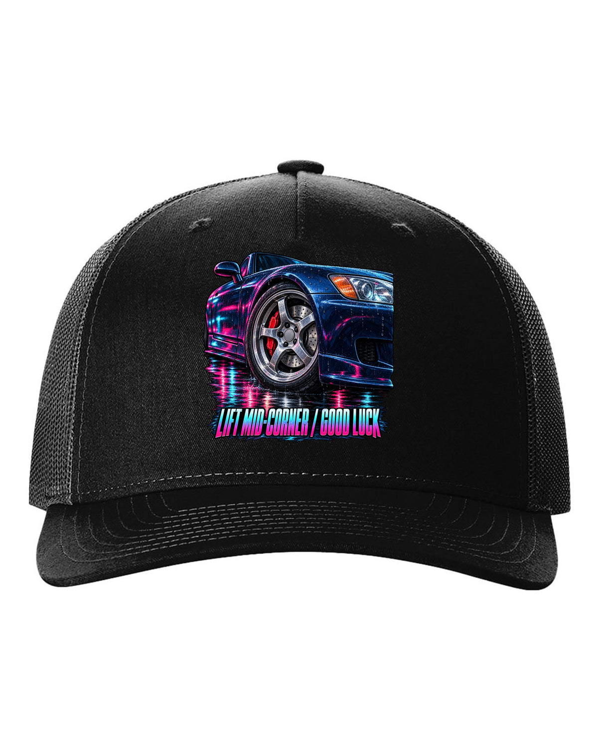 Cinematic macro painting print of a Honda S2000 AP1 cornering with lift mid-corner good luck text black hat front view with the design