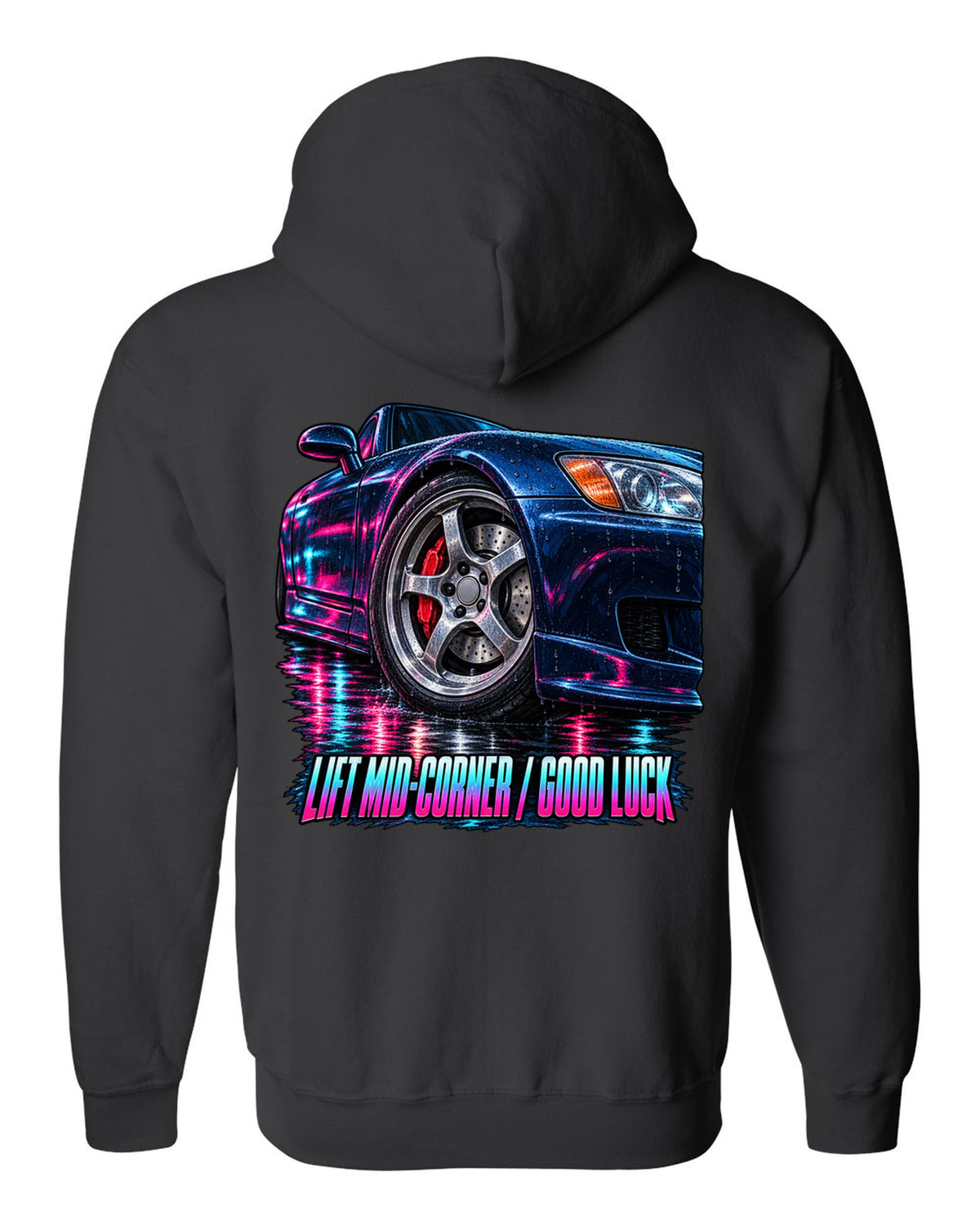 Cinematic macro painting print of a Honda S2000 AP1 cornering with lift mid-corner good luck text black zip hoodie back view with the design