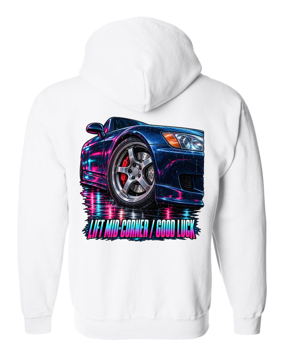 Cinematic macro painting print of a Honda S2000 AP1 cornering with lift mid-corner good luck text white zip hoodie back view with the design