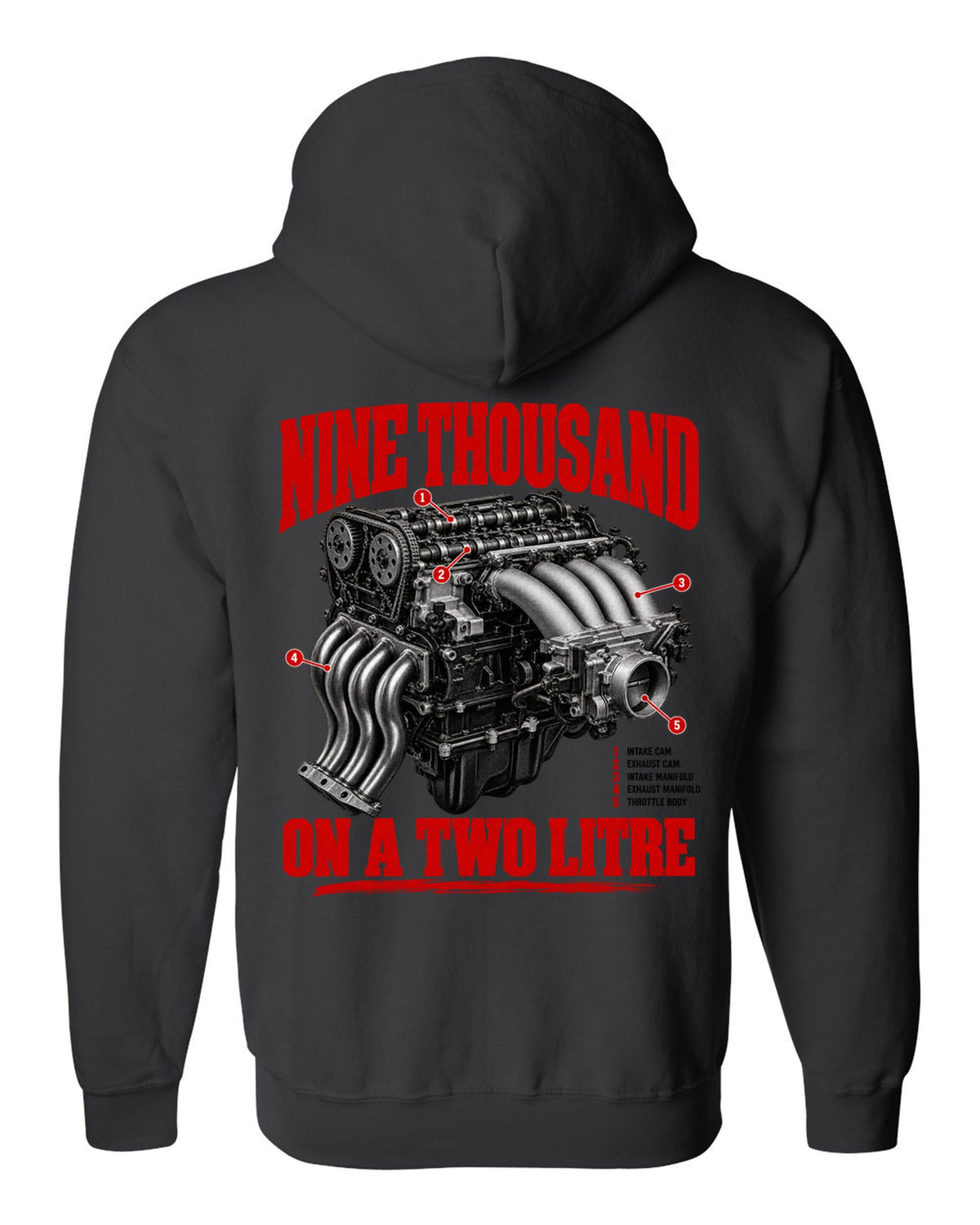 Honda S2000 AP1 roadster engine hero design with nine thousand on a two litre text black zip hoodie back view with the design
