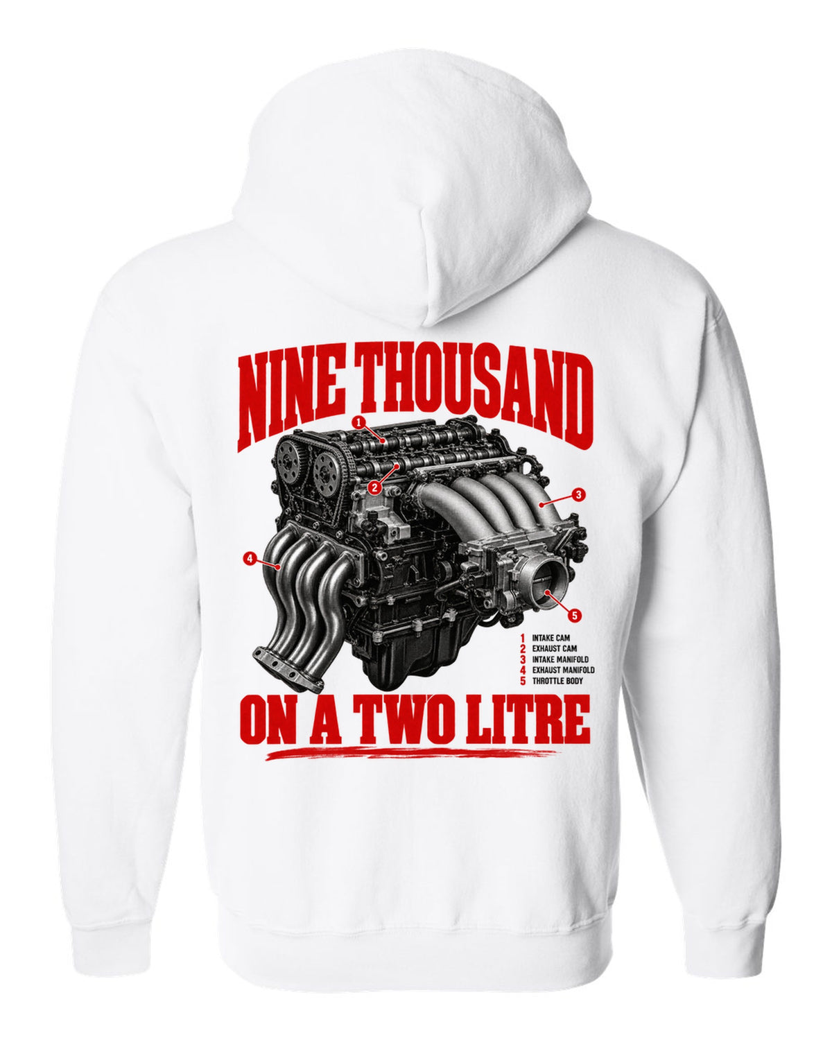 Honda S2000 AP1 roadster engine hero design with nine thousand on a two litre text white zip hoodie back view with the design