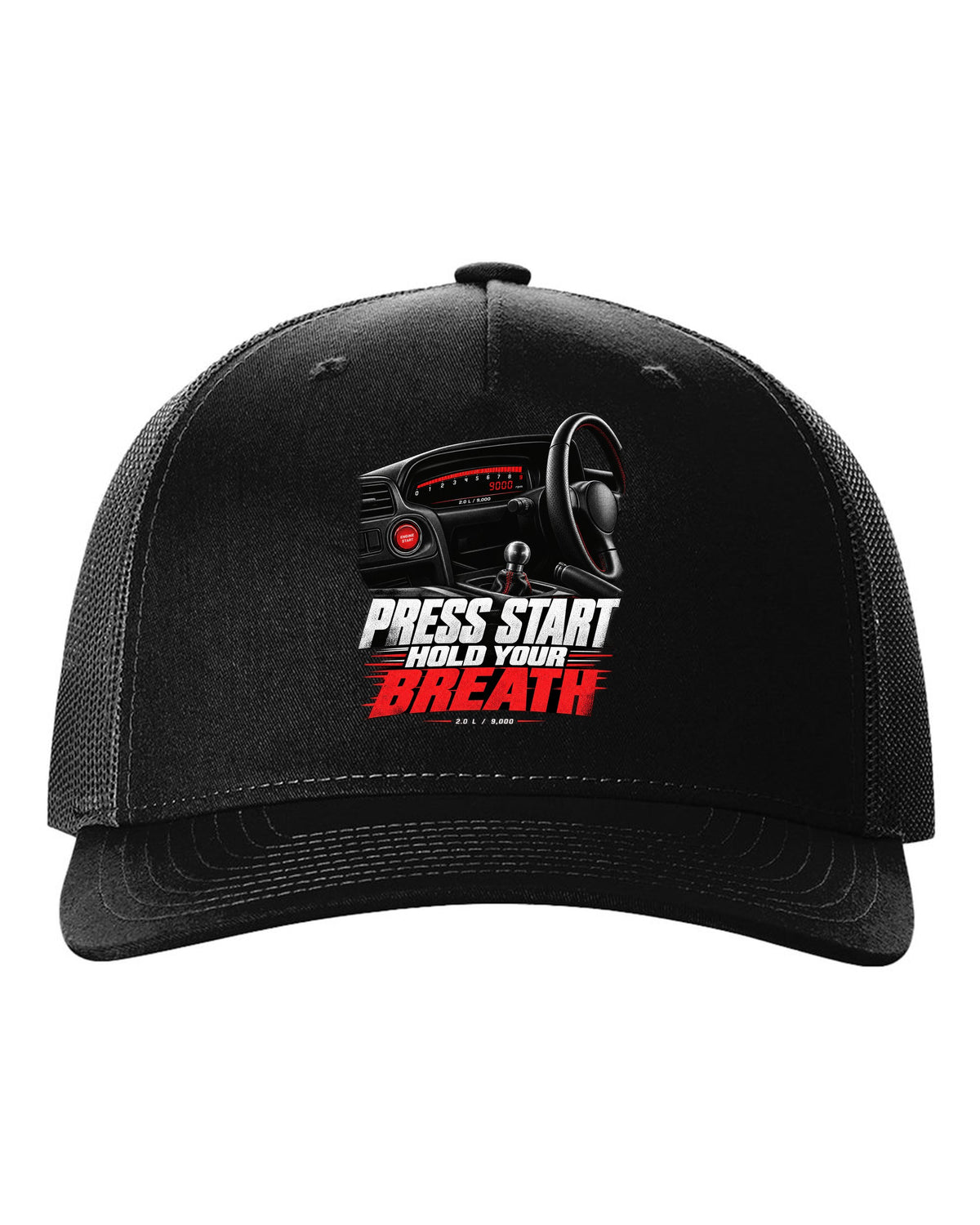 Honda S2000 AP1 roadster cockpit gauge design with press start text black hat front view with the design