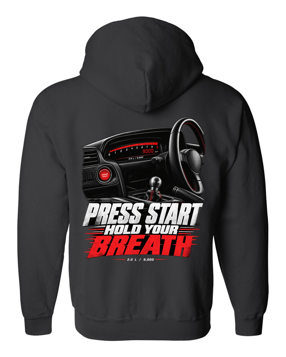 Honda S2000 AP1 roadster cockpit gauge design with press start text black zip hoodie back view with the design