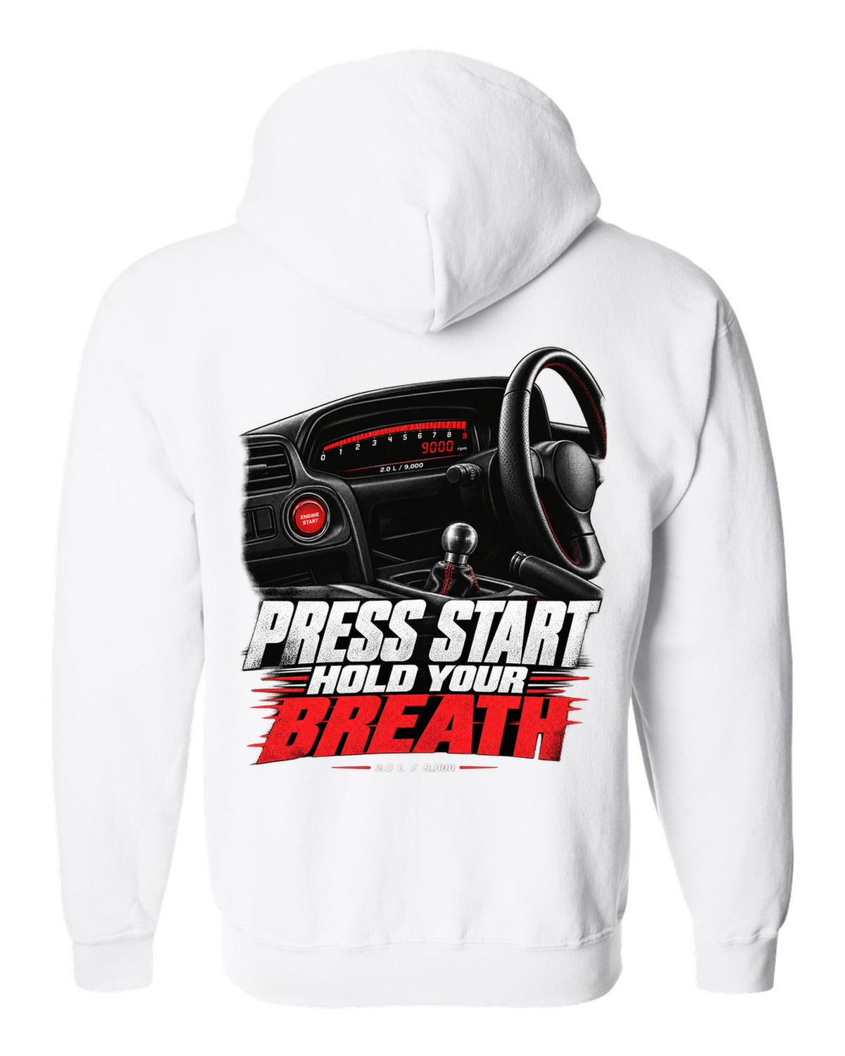 Honda S2000 AP1 roadster cockpit gauge design with press start text white zip hoodie back view with the design