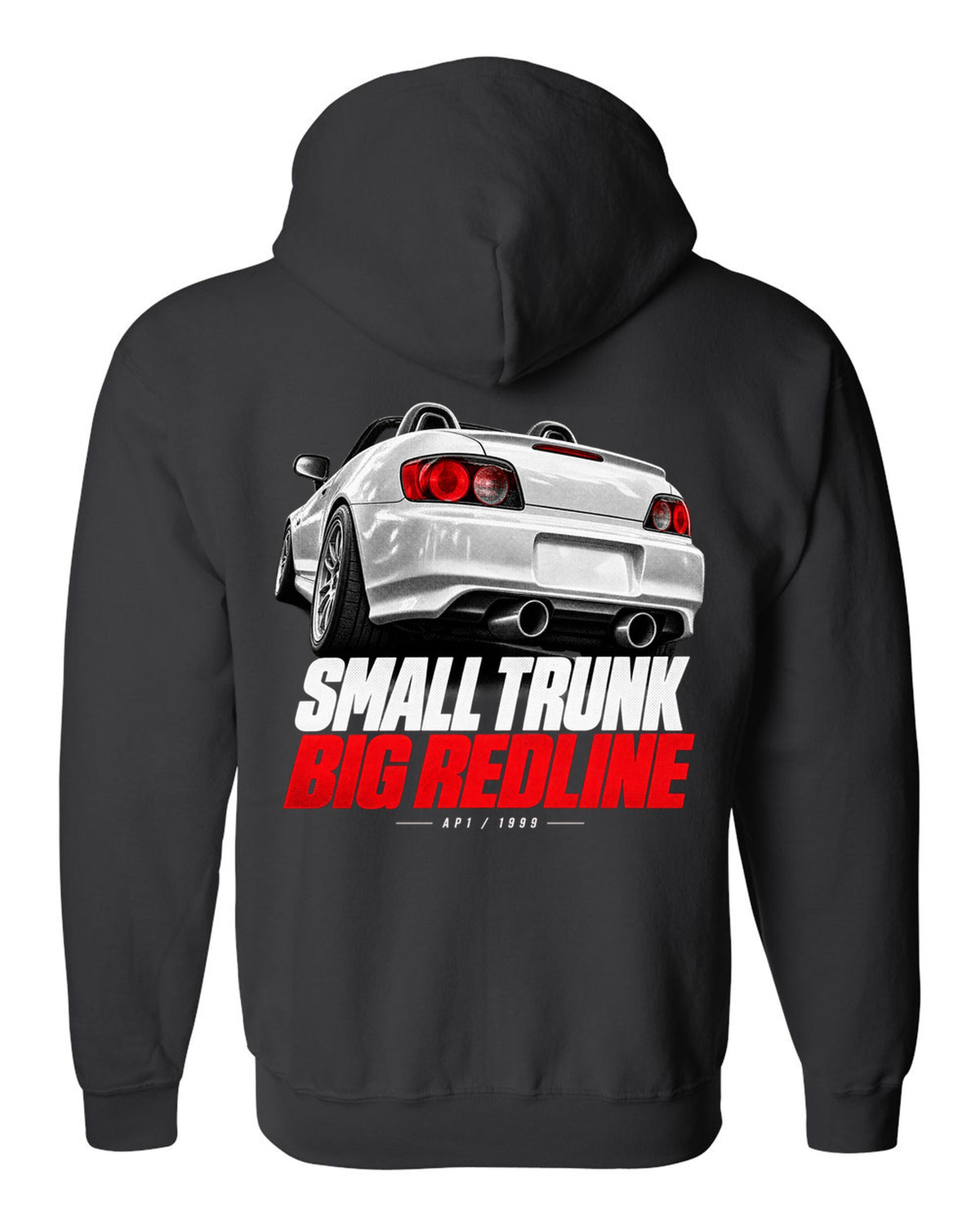 Honda S2000 AP1 roadster taillight detail design with small trunk big redline text black zip hoodie back view with the design