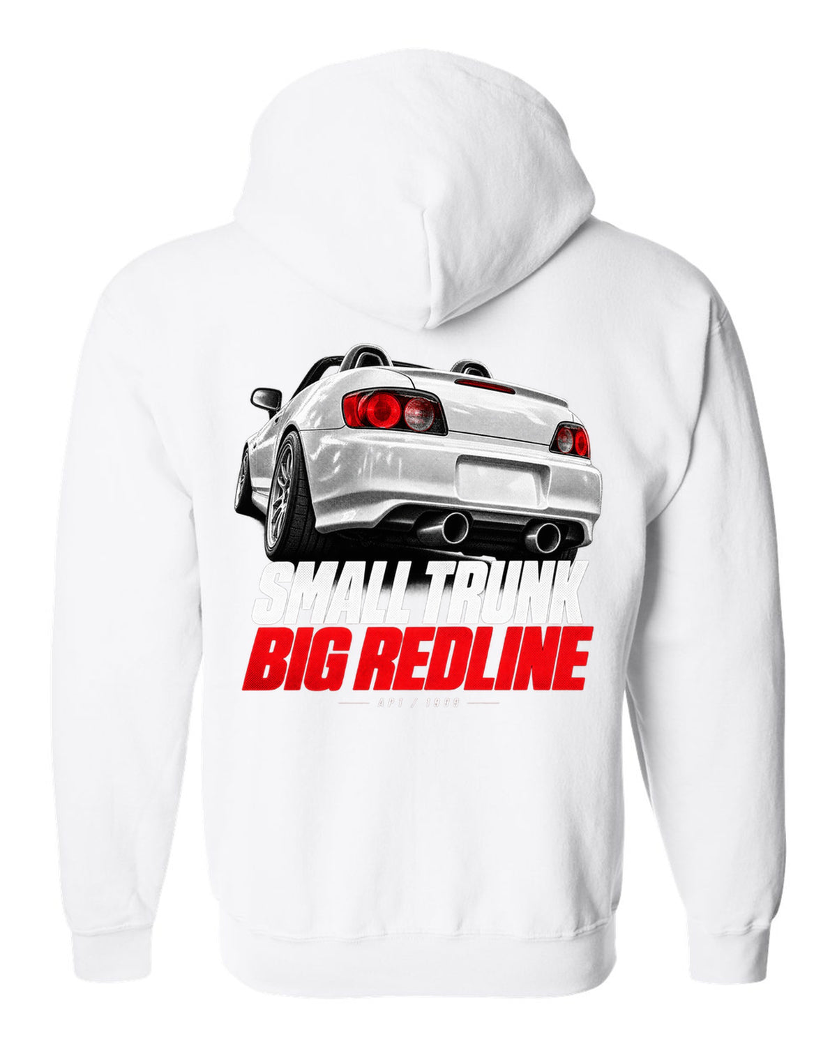 Honda S2000 AP1 roadster taillight detail design with small trunk big redline text white zip hoodie back view with the design