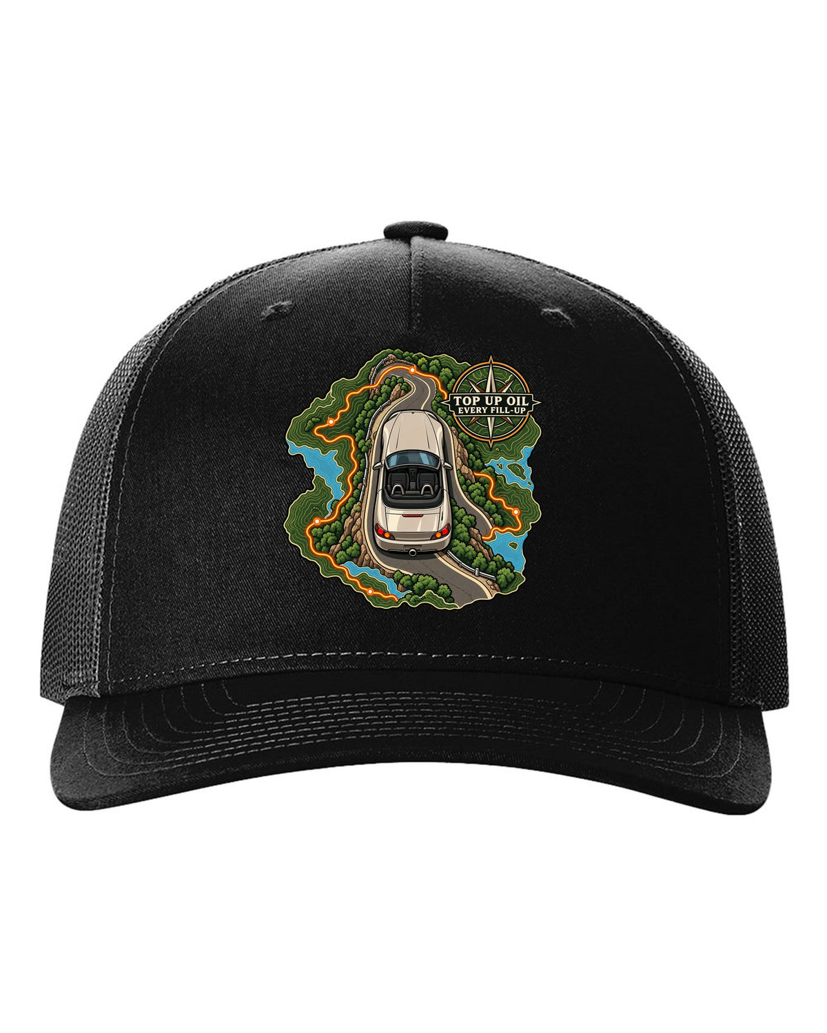 Topographic route map print of a 1999 Honda S2000 AP1 roadster with top up oil text black hat front view with the design