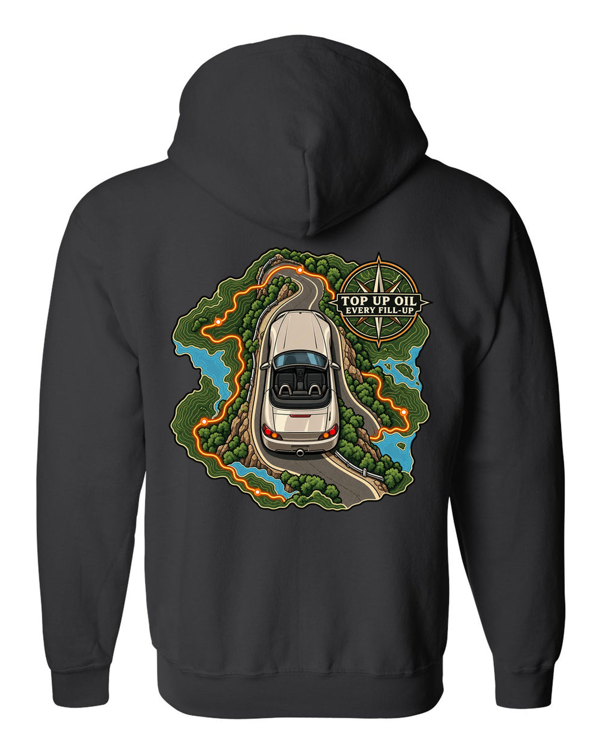 Topographic route map print of a 1999 Honda S2000 AP1 roadster with top up oil text black zip hoodie back view with the design