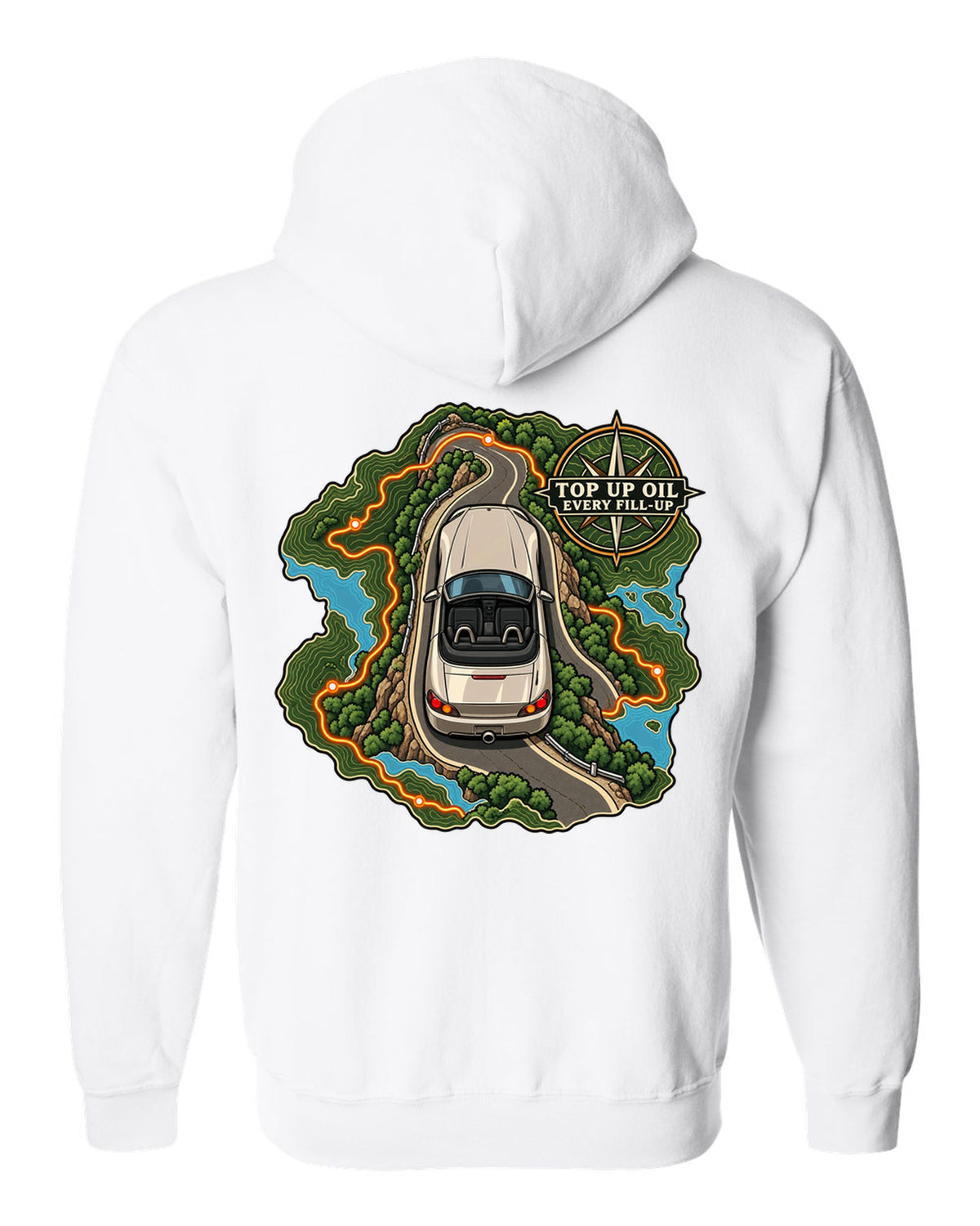Topographic route map print of a 1999 Honda S2000 AP1 roadster with top up oil text white zip hoodie back view with the design