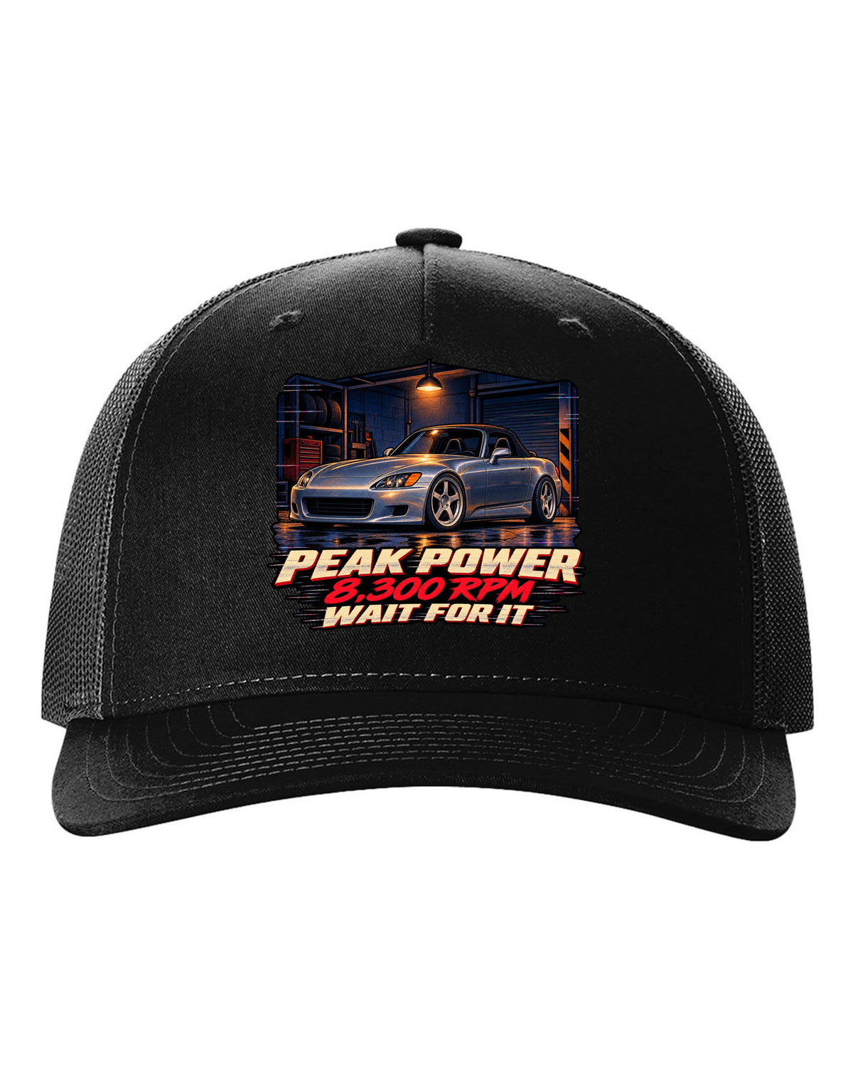 Lo-fi VHS cover style print of a Honda S2000 AP1 with 8,300 RPM wait for it text black hat front view with the design