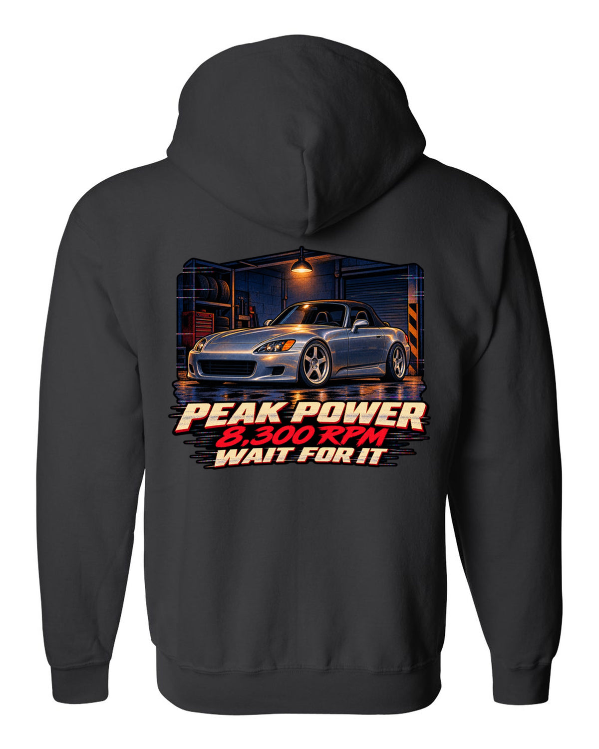 Lo-fi VHS cover style print of a Honda S2000 AP1 with 8,300 RPM wait for it text black zip hoodie back view with the design