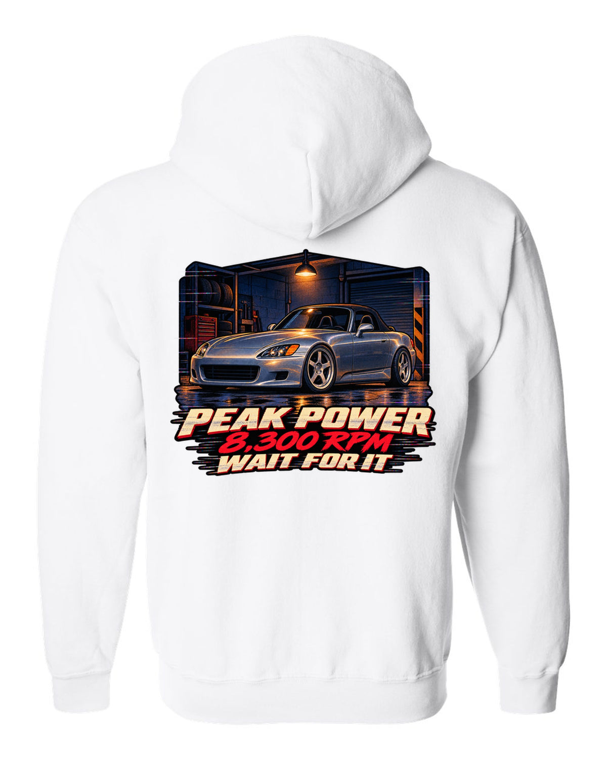 Lo-fi VHS cover style print of a Honda S2000 AP1 with 8,300 RPM wait for it text white zip hoodie back view with the design
