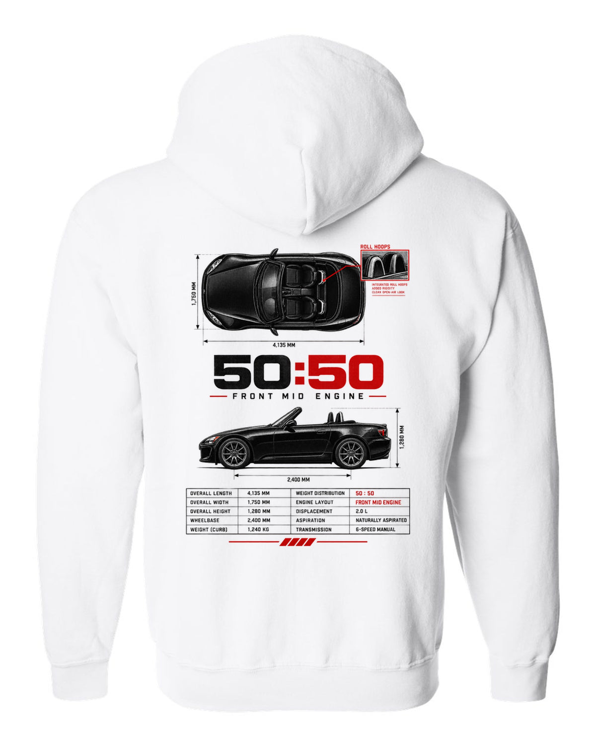 Honda S2000 AP2 roadster spec poster design with 50:50 front mid engine 2,400 mm text white zip hoodie back view with the design