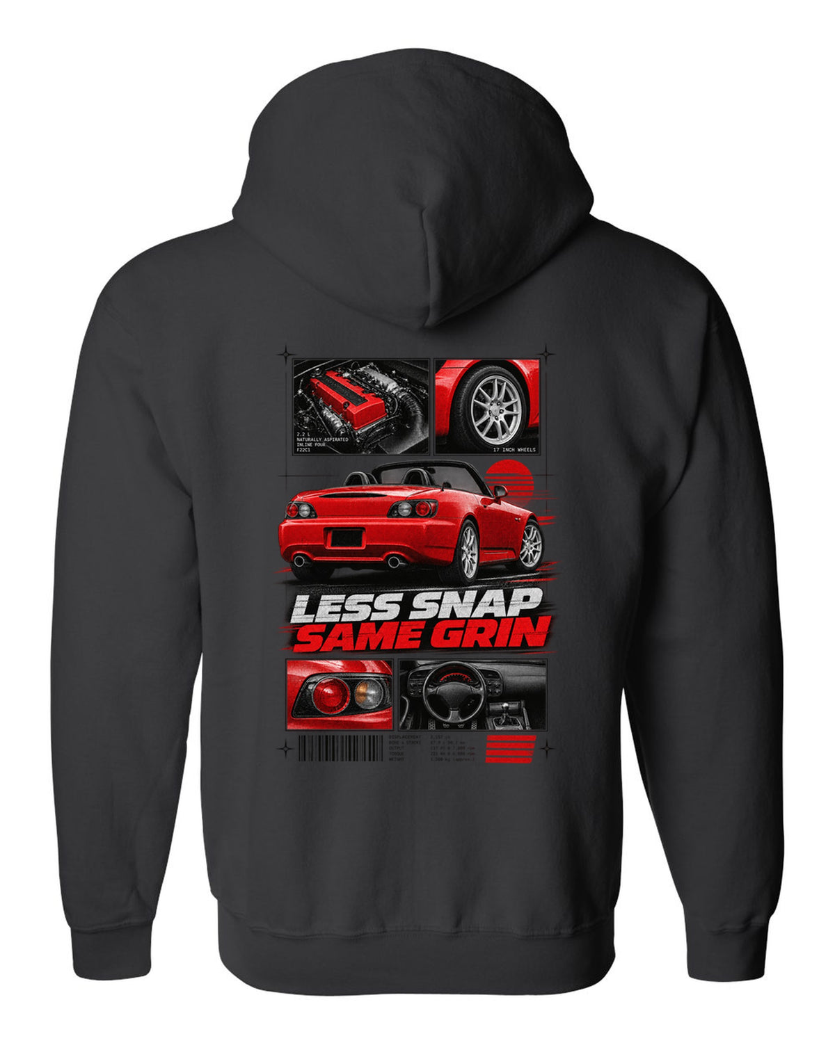 Honda S2000 AP2 roadster dossier panels design with 17 inch wheels less snap same grin text black zip hoodie back view with the design