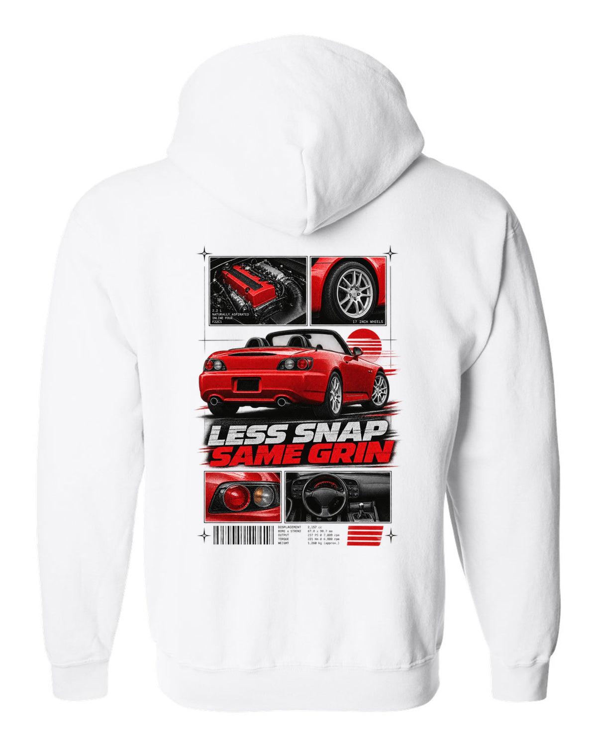 Honda S2000 AP2 roadster dossier panels design with 17 inch wheels less snap same grin text white zip hoodie back view with the design