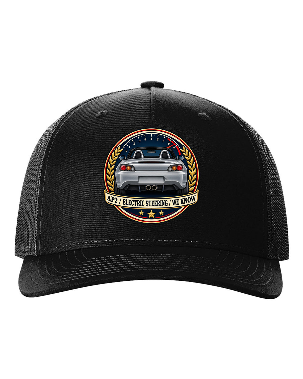 Crest layout print for the Honda S2000 AP2 with electric steering joke text black hat front view with the design