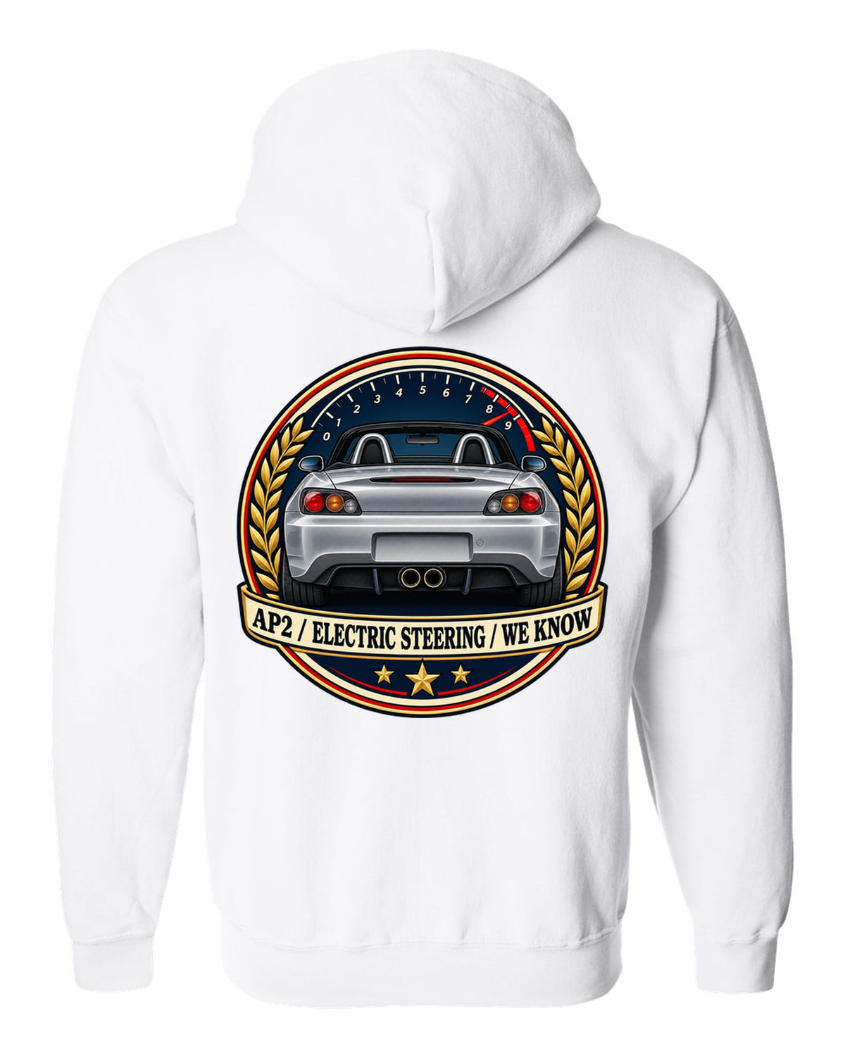 Crest layout print for the Honda S2000 AP2 with electric steering joke text white zip hoodie back view with the design