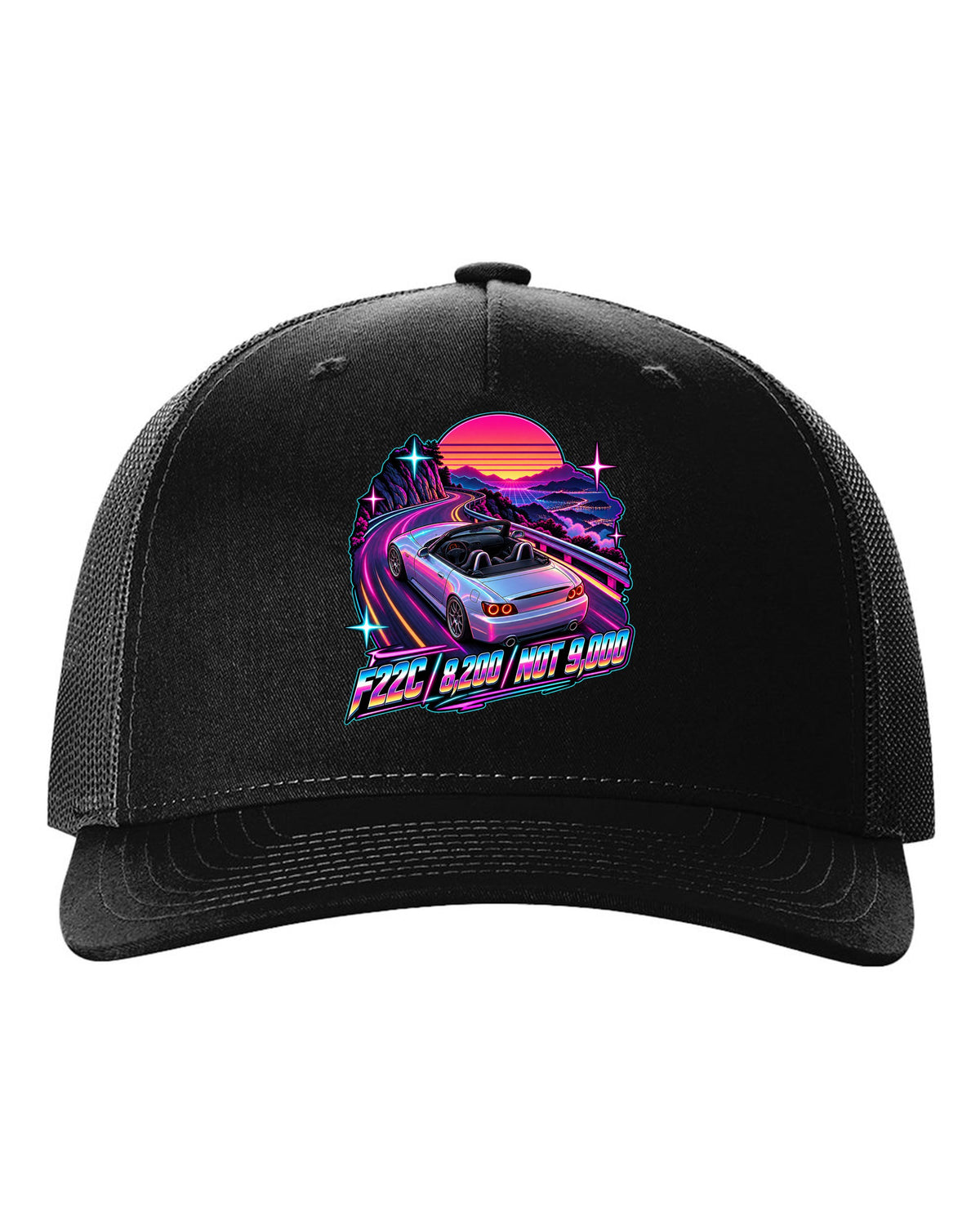 Neon synthwave print of a 2004 Honda S2000 AP2 roadster with F22C 8,200 Not 9,000 lettering black hat front view with the design