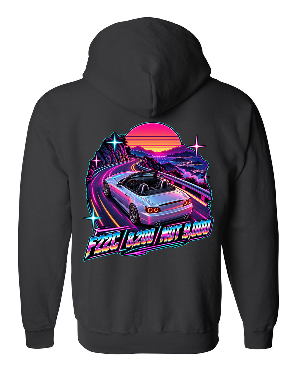 Neon synthwave print of a 2004 Honda S2000 AP2 roadster with F22C 8,200 Not 9,000 lettering black zip hoodie back view with the design