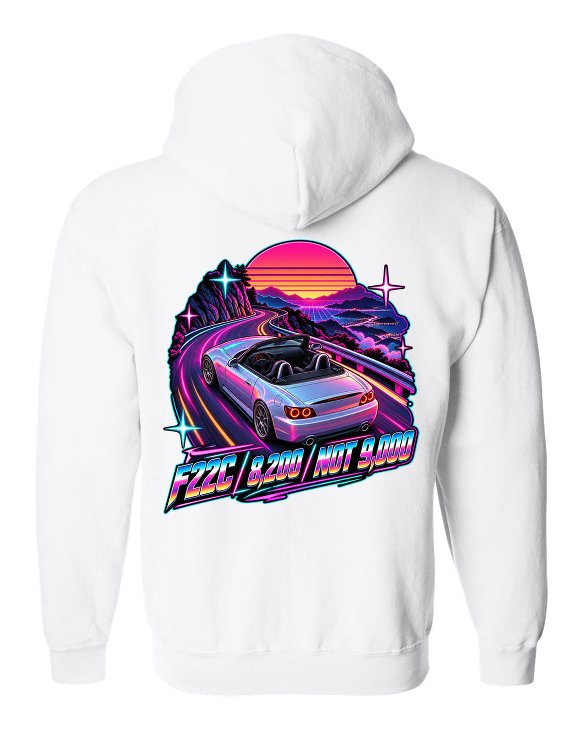 Neon synthwave print of a 2004 Honda S2000 AP2 roadster with F22C 8,200 Not 9,000 lettering white zip hoodie back view with the design