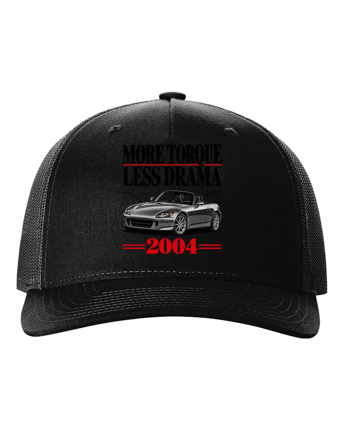 Honda S2000 AP2 roadster editorial headline design with more torque less drama text black hat front view with the design