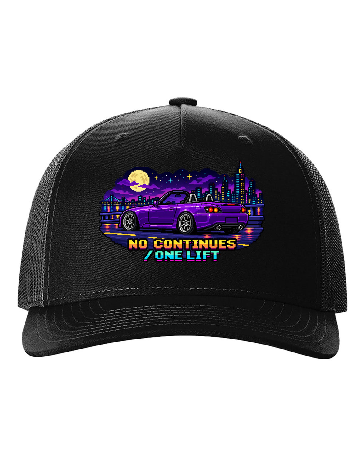 16-bit pixel art Honda S2000 AP2 roadster print with no continues one lift text black hat front view with the design