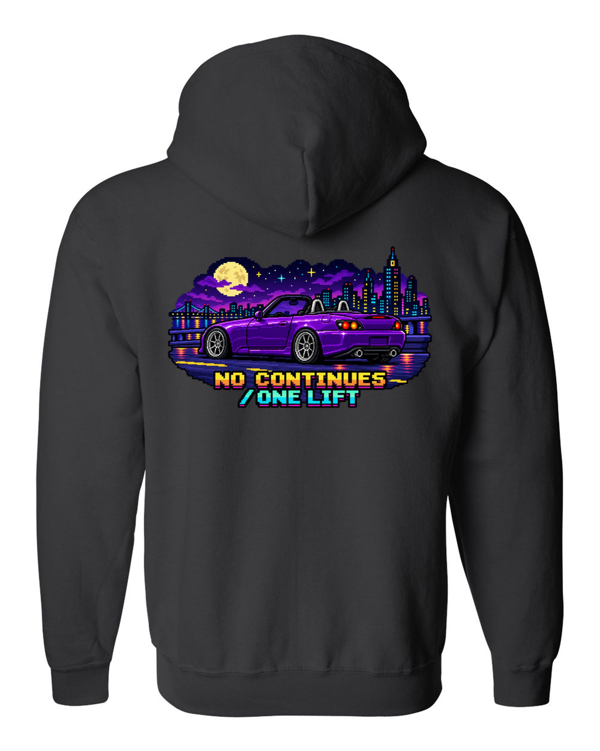16-bit pixel art Honda S2000 AP2 roadster print with no continues one lift text black zip hoodie back view with the design
