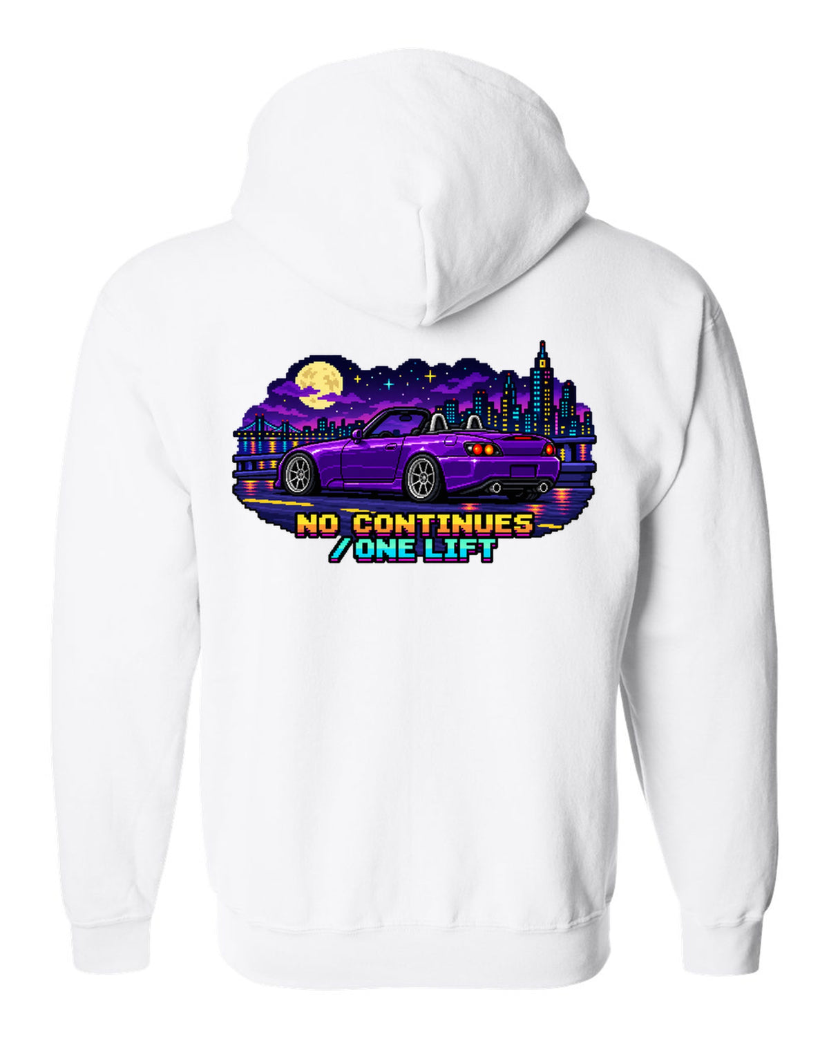 16-bit pixel art Honda S2000 AP2 roadster print with no continues one lift text white zip hoodie back view with the design