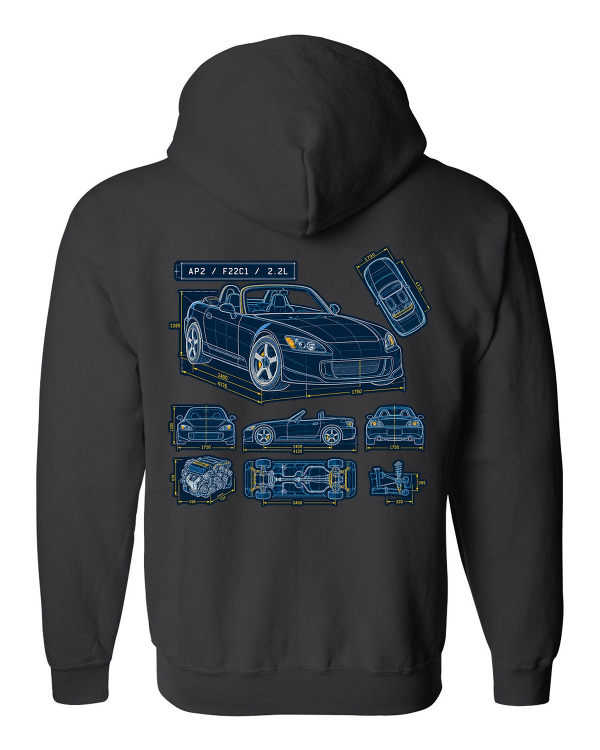 Neon synthwave sunset print of a Honda S2000 AP2 with 8,200 RPM not 9,000 text black zip hoodie back view with the design