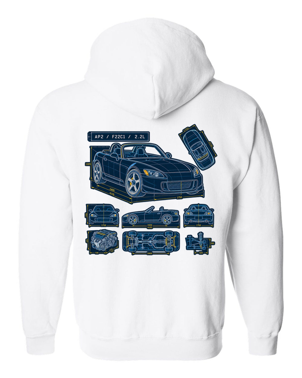 Neon synthwave sunset print of a Honda S2000 AP2 with 8,200 RPM not 9,000 text white zip hoodie back view with the design
