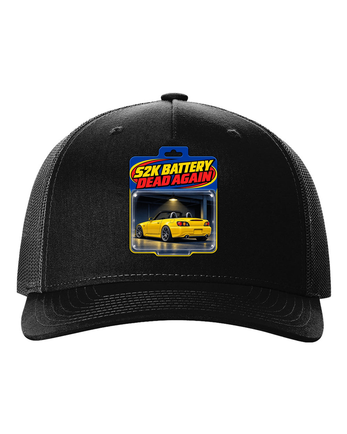 Toy blister card print of a 2004 Honda S2000 AP2 roadster with S2K battery dead again text black hat front view with the design