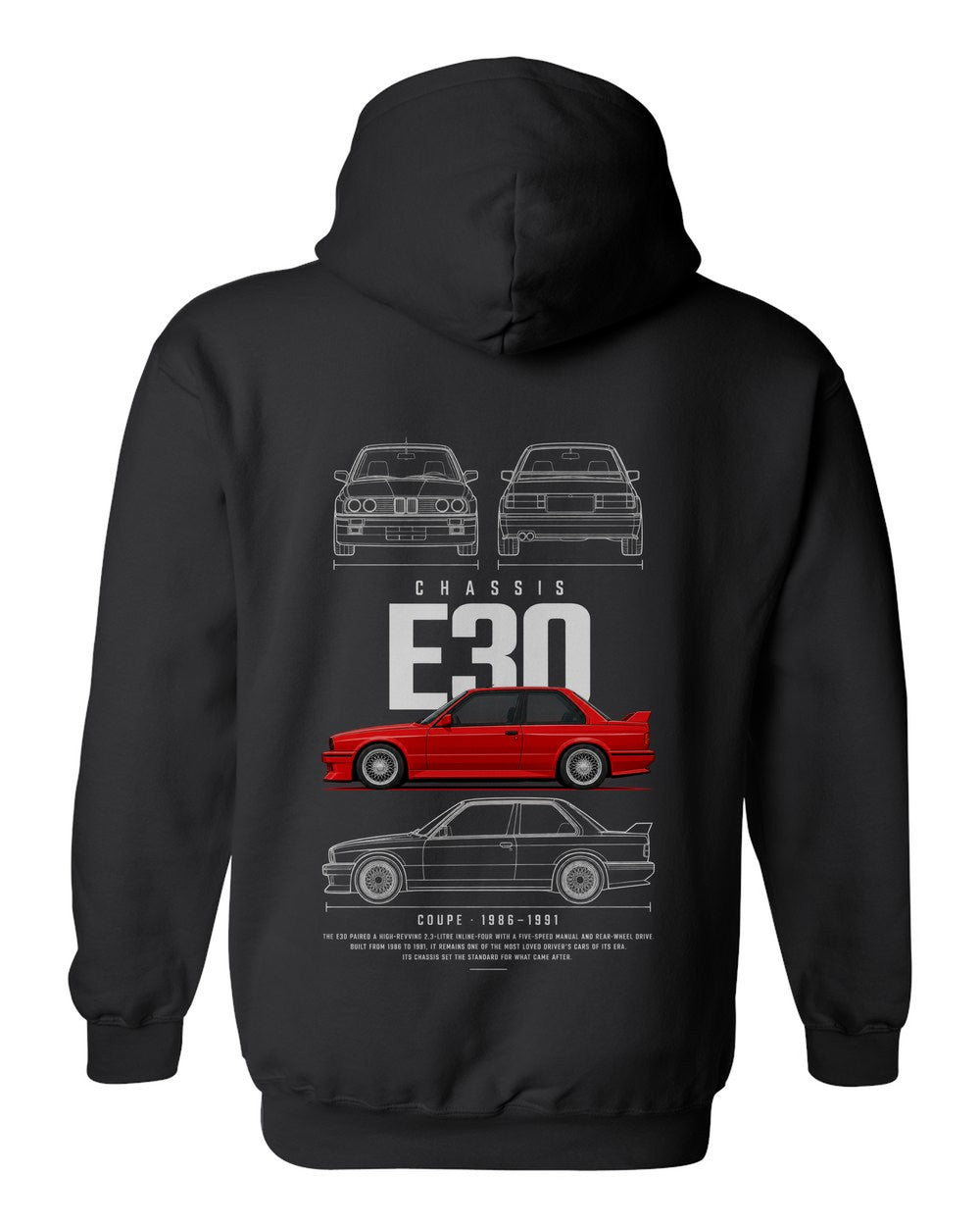 E30 full-back artwork black pull over hoodie back view with the design