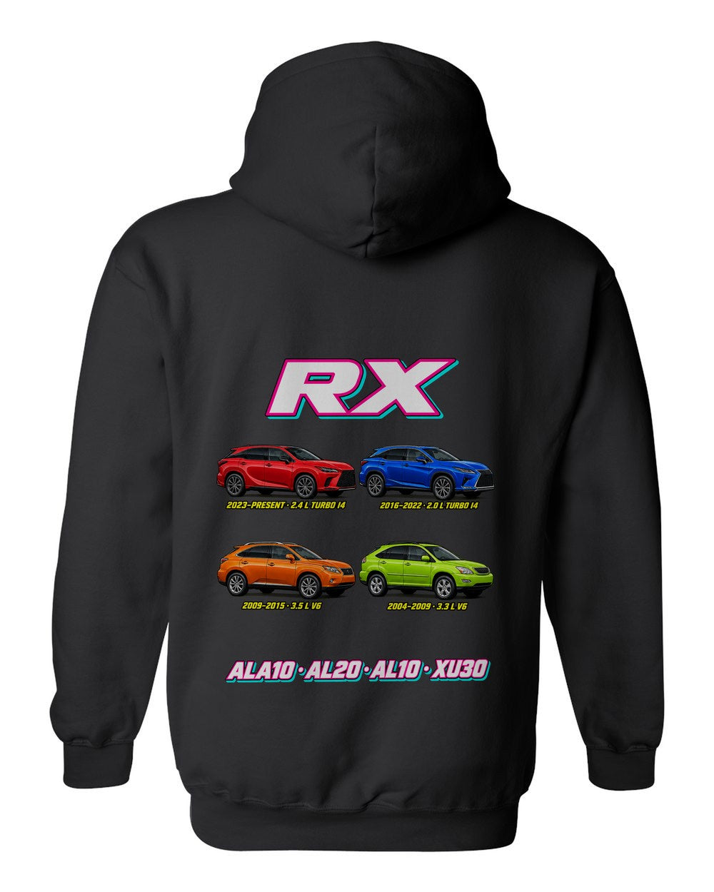 Lexus RX evolution poster black pull over hoodie back view with the design
