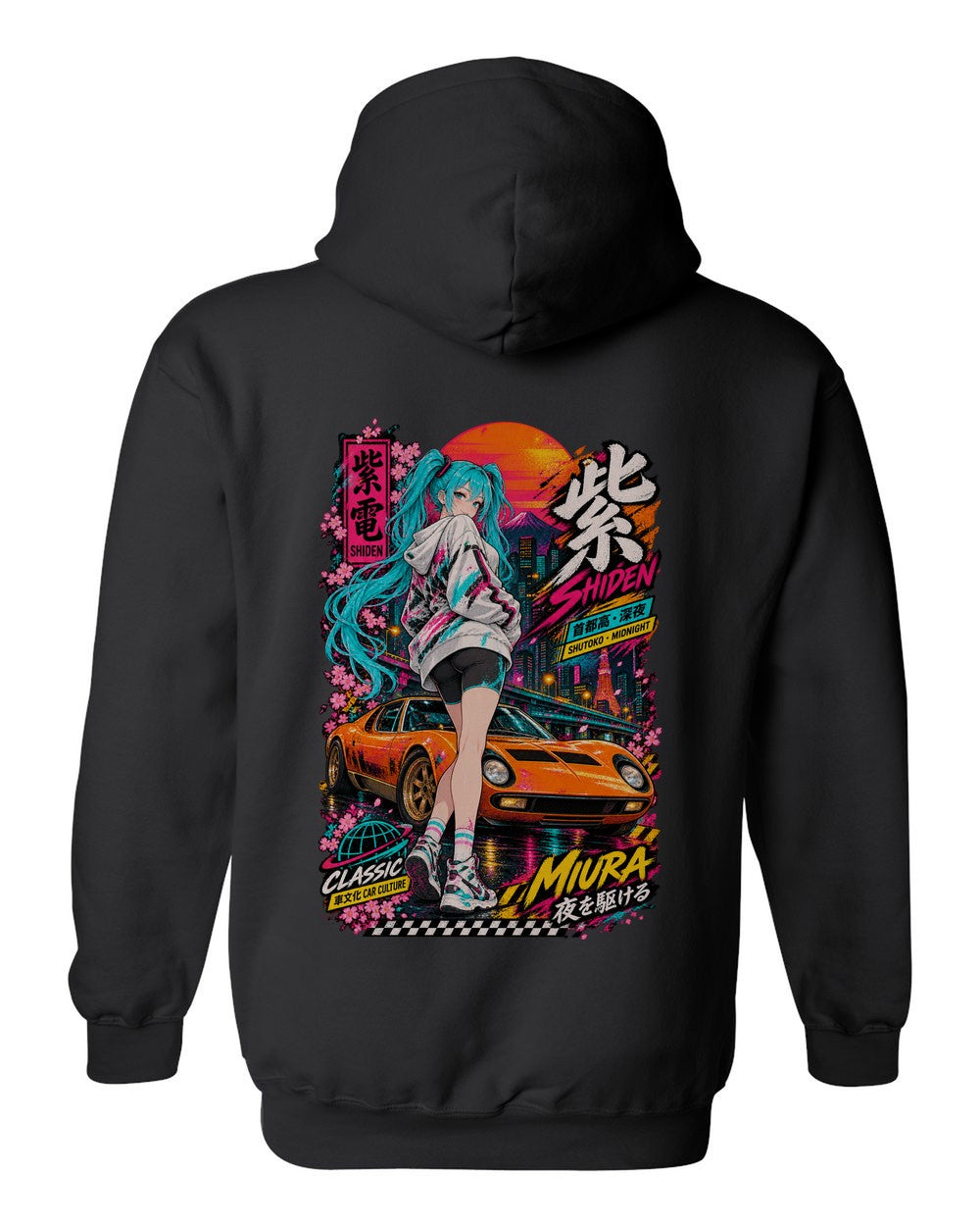 SHIDEN MIURA full-back artwork black pull over hoodie back view with the design