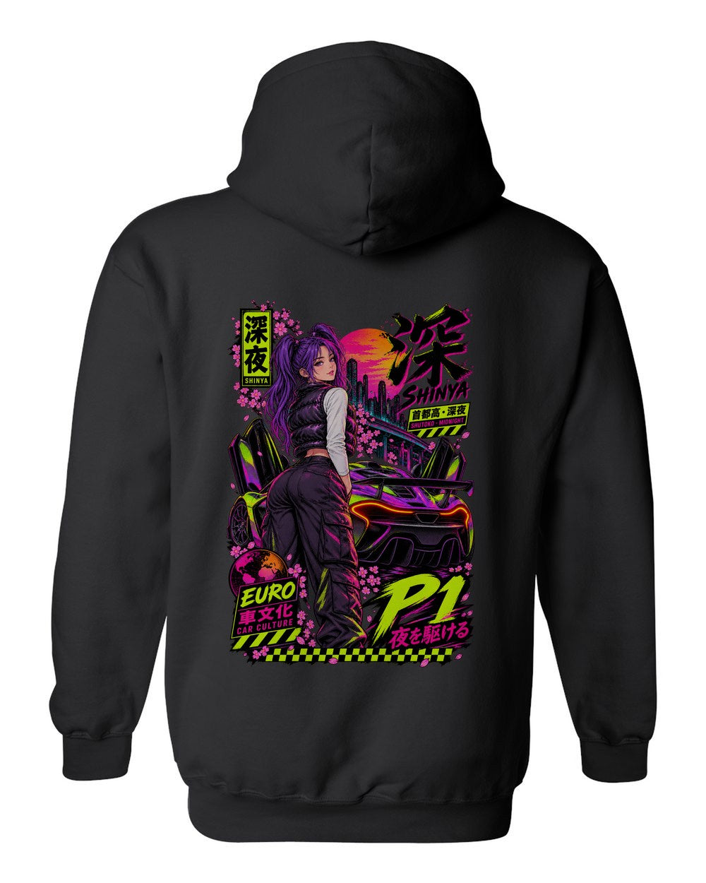 SHINYA P1 full-back artwork black pull over hoodie back view with the design
