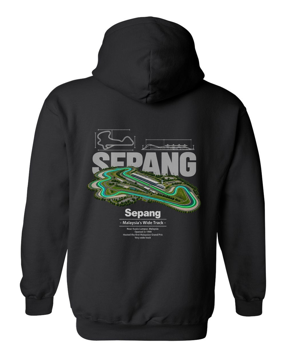 Sepang black pull over hoodie back view with the design