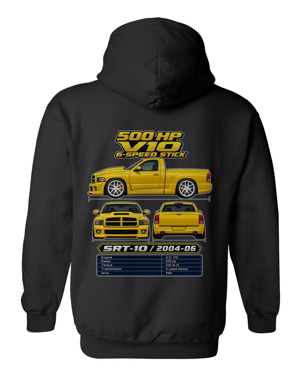Dodge RAM Srt10 spec sheet black pull over hoodie back view with the design