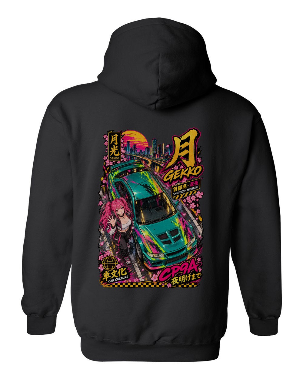 GEKKO CP9A full-back artwork black pull over hoodie back view with the design