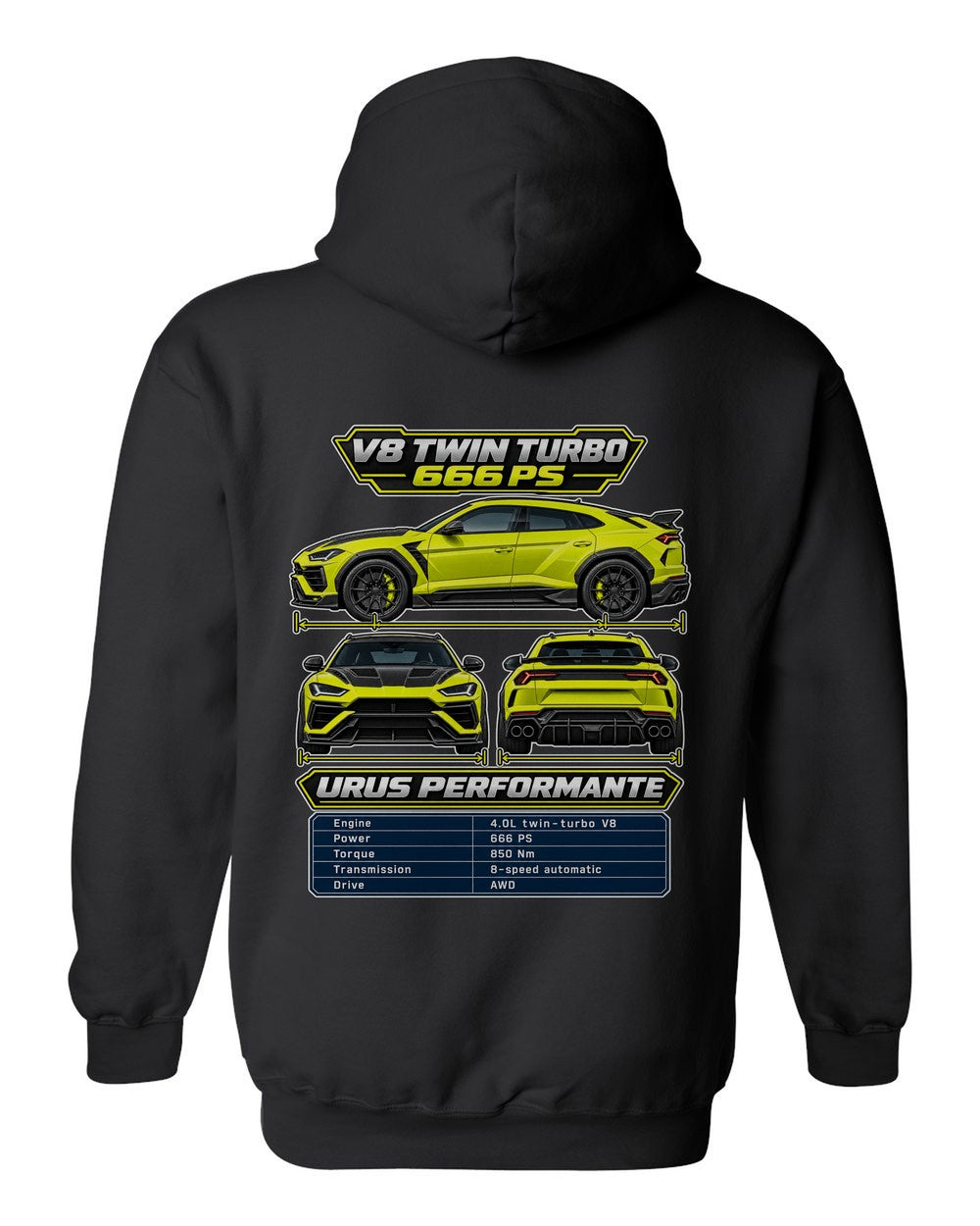 Lamborghini Urus Performante spec sheet black pull over hoodie back view with the design