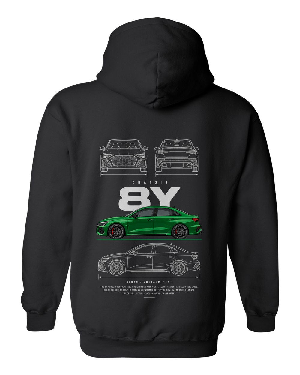 8Y full-back artwork black pull over hoodie back view with the design