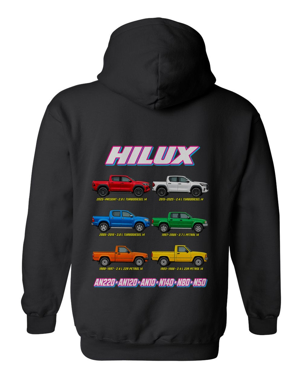 Toyota Hilux evolution poster black pull over hoodie back view with the design